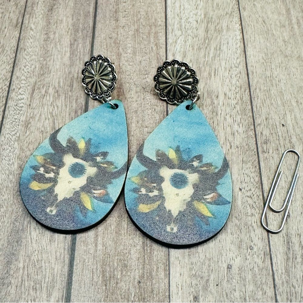 Double Sided Silver Concha Cow‎ Skull Earrings B5